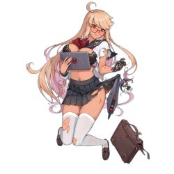 Rule 34 | 1girl, ahoge, alma armas, bag, black bra, black skirt, blonde hair, blush, bra, breasts, brown footwear, crossover, damaged, dark-skinned female, dark skin, drone, full body, funnels (gundam), girls&#039; frontline, glasses, guest character, guest fighter, jill stingray, large breasts, loafers, long hair, long sleeves, mechanical hands, neckerchief, official alternate costume, official art, parted lips, pleated skirt, red neckerchief, school bag, school uniform, serafuku, shirt, shoes, single mechanical hand, skirt, solo, terras, thighhighs, torn clothes, torn shirt, torn skirt, torn thighhighs, transparent background, underwear, unmanned aerial vehicle, unmanned combat aerial vehicle, va-11 hall-a, weapon, white thighhighs