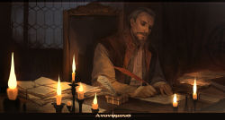 Rule 34 | 1boy, bad id, bad pixiv id, beard, candle, chair, closed eyes, facial hair, feathers, highres, male focus, manly, onisakiyoruka, paper, shirt, solo, white hair, window, writing