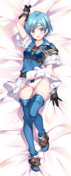 Rule 34 | 1girl, armor, blue armor, blue eyes, blue hair, bucchake (asami), commission, dakimakura (medium), fire emblem, fire emblem: the binding blade, full body, highres, looking at viewer, nintendo, on bed, open mouth, panties, pixiv commission, pov, shanna (fire emblem), short hair, solo, underwear, white panties