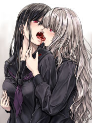 Rule 34 | 2girls, black hair, black sailor collar, black shirt, blood, blood in mouth, blood on clothes, brown background, commentary, english commentary, fangs, french kiss, grabbing, grabbing another&#039;s breast, gradient background, highres, kiss, multiple girls, neckerchief, open mouth, original, purple neckerchief, red eyes, sailor collar, school uniform, serafuku, shirt, takekawa shin, tongue, tongue out, upper body, vampire, white background, white hair, yuri