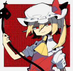 Rule 34 | 1girl, blonde hair, collared shirt, flandre scarlet, flat chest, frilled hat, frilled shirt, frilled shirt collar, frills, hair between eyes, hat, hat ornament, hat ribbon, highres, holding, holding weapon, laevatein (touhou), medium hair, mob cap, neckerchief, ponytail, puffy short sleeves, puffy sleeves, red background, red eyes, red ribbon, red vest, ribbon, shaded face, shirt, short sleeves, side ponytail, simple background, slit pupils, smile, so happy 64, touhou, two-tone background, vampire, vest, weapon, white background, white headwear, white shirt, yellow neckerchief