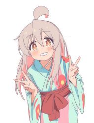 Rule 34 | 1girl, antenna hair, double v, floral print kimono, genderswap, genderswap (mtf), highres, japanese clothes, kimono, leaning to the side, long hair, looking at viewer, obi, onii-chan wa oshimai!, open mouth, oyama mahiro, pink hair, red sash, sash, simple background, smile, solo, standing, v, white background, ykr (youkiri), yukata