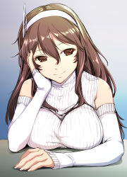 Rule 34 | 1girl, alternate costume, arm rest, ashigara (kancolle), ashigara kai ni (kancolle), breasts, brown eyes, brown hair, detached sleeves, hairband, hand on own cheek, hand on own face, highres, kantai collection, kawamura tsukasa, large breasts, long hair, long sleeves, smile, solo, sweater, upper body, wavy hair, white hairband, white sleeves, white sweater