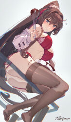 1girl against_glass alternate_costume ass ass_on_glass ass_press blush bowl bra breasts brown_hair brown_thighhighs chocolate cleavage commentary_request flower flying_sweatdrops garter_belt garter_straps hair_between_eyes hair_flower hair_intakes hair_ornament highres himeyamato holding holding_whisk kantai_collection large_breasts long_hair long_sleeves looking_at_viewer no_panties panties pink_flower ponytail red_bra red_garter_belt red_garter_straps signature simple_background sitting solo table thighhighs underwear very_long_hair whisk yamato_(kancolle)