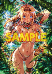 Rule 34 | 1girl, :d, animal ears, animal hands, animal print, arm wrap, armpits, arms up, beach, bikini, blonde hair, blue eyes, blurry, blurry foreground, blush, body markings, branch, breasts, bush, cameltoe, character request, copyright request, cowboy shot, dappled sunlight, dark-skinned female, dark skin, day, depth of field, facial mark, focused, foliage, fur-trimmed bikini, fur trim, grass, groin, hair between eyes, highleg, highleg bikini, jewelry, jungle, kink (tortoiseshell), large breasts, linea alba, long hair, looking at viewer, narrow waist, nature, navel, necklace, open mouth, outdoors, plant, pond, sample watermark, smile, solo, standing, stomach, sunlight, swimsuit, tail, teeth, thigh strap, tiger ears, tiger girl, tiger print, tiger tail, toranoana, tree, tree shade, tribal, upper teeth only, very long hair, wading, water, waterfall, watermark, wet