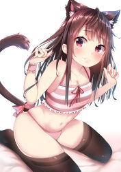Rule 34 | 1girl, animal ears, bare shoulders, bed sheet, black thighhighs, blush, bow, breasts, brown hair, cat ears, cat girl, cat tail, cleavage, closed mouth, collarbone, commentary request, crop top, fingernails, frills, hands up, highres, lokyin house, long hair, looking at viewer, medium breasts, navel, no shoes, original, panties, pink bow, pink panties, red eyes, solo, striped, tail, tail bow, tail ornament, thighhighs, underwear, very long hair, wrist cuffs