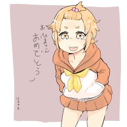 Rule 34 | 1girl, :3, :d, bangs pinned back, blush, brown background, commentary request, cowboy shot, hair bobbles, hair ornament, hands in pockets, hare (tetterutei), highres, hood, hood down, hoodie, leaning forward, long sleeves, neckerchief, open mouth, orange eyes, orange hair, orange skirt, original, pleated skirt, round teeth, short hair, skirt, smile, solo, teeth, thick eyebrows, topknot, translation request, yellow neckerchief