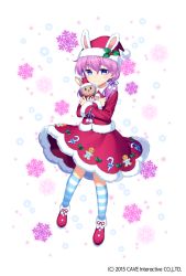 Rule 34 | 1girl, animal hat, blue eyes, blue legwear, candy, candy cane, crossed arms, dress, food, full body, gingerbread man, gothic wa mahou otome, hair between eyes, hat, hat ornament, highres, holding, holding stuffed toy, holly, jenevan, medium hair, official art, purple hair, rabbit hat, red dress, red footwear, red skirt, santa hat, short twintails, skirt, snowflakes, socks, solo, standing, striped clothes, striped legwear, striped socks, stuffed animal, stuffed rabbit, stuffed toy, twintails
