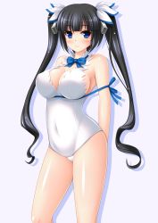Rule 34 | 10s, 1girl, adapted costume, bare shoulders, black hair, blue eyes, blue ribbon, blush, bow, bowtie, breasts, cleavage, cleavage cutout, clothing cutout, covered navel, dungeon ni deai wo motomeru no wa machigatteiru darou ka, female focus, hair ribbon, hestia (danmachi), large breasts, long hair, looking at viewer, nak yama, nontraditional school swimsuit, one-piece swimsuit, rei no himo, ribbon, school swimsuit, simple background, smile, solo, swimsuit, twintails, white one-piece swimsuit