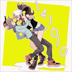 Rule 34 | 1boy, 1girl, assertive female, baseball cap, black footwear, blue jacket, blush, boots, brown hair, collarbone, creatures (company), cross-laced footwear, denim, denim shorts, exposed pocket, eye contact, flower, flower in mouth, full body, game freak, hat, hetero, hilbert (pokemon), hilda (pokemon), holding hands, interlocked fingers, jacket, looking at another, nintendo, outline, pokemon, pokemon bw, ponytail, red flower, red rose, rose, shigeru, shorts, smile, white outline