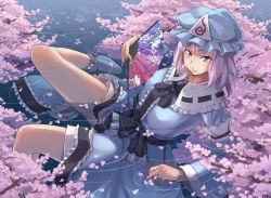 Rule 34 | 1girl, afloat, bad id, bad pixiv id, blue dress, cherry blossoms, dress, floating, goshoguruma, hat, honeycomb pattern, japanese clothes, long dress, looking at viewer, mob cap, oborofu, partially submerged, pink eyes, pink hair, ripples, saigyouji yuyuko, saigyouji yuyuko&#039;s fan design, shippou (pattern), short hair, smile, solo, touhou, traditional clothes, triangular headpiece, water
