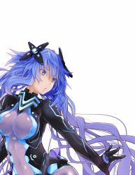 Rule 34 | 1girl, :o, absurdres, blue eyes, blue hair, bodysuit, braid, breasts, elbow gloves, gloves, headgear, highres, large breasts, long hair, looking to the side, neptune (neptunia), neptune (series), next form, next purple, power symbol, power symbol-shaped pupils, purple hair, purple heart (neptunia), shin jigen game neptune vii, shishin (shishintei), simple background, solo, symbol-shaped pupils, twin braids, twintails, very long hair, white background