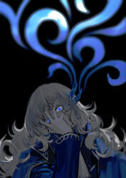 Rule 34 | 1boy, argalia (project moon), black background, blue cape, blue eyes, blue jacket, cape, crazy eyes, glowing, glowing eyes, gold trim, head tilt, highres, jacket, library of ruina, long hair, looking at viewer, male focus, nishikujic, project moon, sidelocks, simple background, solo, upper body, very long hair, white hair