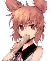 Rule 34 | 1girl, bare shoulders, brown eyes, brown hair, female focus, looking at viewer, nakukoroni, pointy hair, portrait, ribbon, ritual baton, simple background, sleeveless, smile, solo, touhou, toyosatomimi no miko, white background