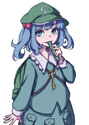 Rule 34 | 1girl, absurdres, aqua eyes, backpack, bag, blue hair, blue shirt, blue skirt, cowboy shot, cucumber, eating, eyebrows hidden by hair, food, green bag, green hat, hair bobbles, hair ornament, hat, highres, holding, holding food, kame (kamepan44231), kawashiro nitori, key, long sleeves, looking at viewer, mob cap, one-hour drawing challenge, pocket, shirt, short hair, simple background, skirt, solo, standing, touhou, twintails, white background