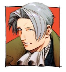Rule 34 | 1boy, ace attorney, ascot, coat, commentary request, grey eyes, grey hair, hair intakes, looking to the side, male focus, miles edgeworth, open mouth, portrait, pupa puuupa, short hair, solo, teeth, white ascot