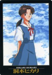 Rule 34 | 1girl, 1990s (style), brown hair, card (medium), english text, freckles, highres, horaki hikari, japanese text, looking at viewer, low twintails, neon genesis evangelion, official art, ponytail, scan, school uniform, skirt, smile, solo, tokyo-3 middle school uniform, twintails