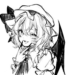 Rule 34 | 1girl, ascot, bat wings, collared shirt, fang, fingernails, hair between eyes, hat, hat ribbon, highres, long fingernails, mob cap, open mouth, remilia scarlet, ribbon, sharp fingernails, shirt, short hair, short sleeves, simple background, slit pupils, smile, solo, touhou, v, white background, wings, wrist cuffs, yoma (lycoris109)