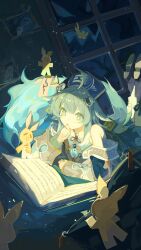 Rule 34 | 1girl, :o, absurdres, ahoge, bare shoulders, blue headwear, book, cat, clenched hand, colored tips, commentary request, detached sleeves, dress, feet up, fiery tail, green dress, green hair, hand up, highres, honkai: star rail, honkai (series), huohuo (honkai: star rail), indoors, irple, multicolored hair, night, open book, pawpads, picture frame, reading, skylight, solo, symbol-shaped pupils, tail, tail (honkai: star rail), talisman, white hair, window, yin yang