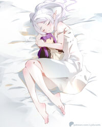 Rule 34 | 1girl, artist name, barefoot, closed eyes, closed mouth, doll, elbow blush, elf, feet, fern (sousou no frieren), foot blush, frieren, grey hair, holding, holding doll, knee blush, legs, long hair, lying, nightgown, on bed, on side, parted bangs, patreon logo, patreon username, pointy ears, shoulder blush, single off shoulder, sleeping, smile, soles, solo, sousou no frieren, stuffed toy, sydus, toenails, toes, twintails
