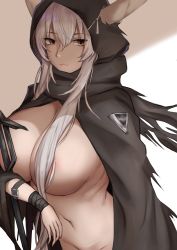 Rule 34 | 1girl, arknights, arm wrap, black cape, breasts, brown eyes, cape, commentary request, groin, hair censor, highres, hood, hooded cape, horns, huge breasts, large breasts, long hair, looking at viewer, naked cape, navel, out-of-frame censoring, satou rin (gobugabuge), shining (arknights), silver hair, solo, stomach, upper body, white background