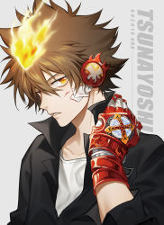 Rule 34 | 1boy, bandaid, bandaid on cheek, bandaid on face, black shirt, brown hair, character name, collar, collarbone, collared shirt, fire, gloves, grey background, katekyo hitman reborn!, long sleeves, looking at viewer, male focus, open mouth, red gloves, ru (famia), sawada tsunayoshi, scratches, scratching cheek, shirt, short hair, solo, spiked hair, upper body, x gloves (reborn), yellow eyes