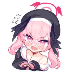 Rule 34 | 1girl, black headwear, black wings, blue archive, blush, blush stickers, chibi, cropped shoulders, dano, feathered wings, flying sweatdrops, halo, head wings, koharu (blue archive), long sleeves, looking at viewer, lowres, nose blush, off shoulder, open mouth, pink eyes, pink hair, pixel art, solo, transparent background, twintails, wings