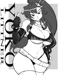 Rule 34 | 00s, 1girl, absurdres, belt, bikini, breasts, character name, chopsticks, cleavage, come hither, elbow gloves, fingerless gloves, gloves, greyscale, hair ornament, hand on own hip, highres, hip focus, large breasts, long hair, monochrome, naughty face, navel, panties, ponytail, scarf, shonuff44, skull, smile, solo, swimsuit, tengen toppa gurren lagann, thighhighs, thong, thong bikini, underwear, wide hips, yoko littner