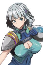 Rule 34 | 1girl, artist request, blue eyes, braid, breasts, cleavage, gloves, grey hair, hair ornament, hairclip, highres, large breasts, looking at viewer, seolla schweizer, short hair, side braid, solo, super robot wars, super robot wars original generation