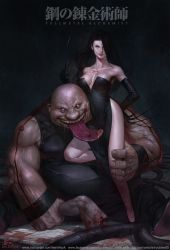 Rule 34 | 1boy, 1girl, arm behind back, artist name, artstation username, bald, bare shoulders, black dress, black gloves, black hair, blood, breasts, chest tattoo, cleavage, copyright name, disembodied hand, dress, elbow gloves, ero guro, evening gown, facebook username, fat, fat man, fingernails, fullmetal alchemist, gloves, gluttony (fma), grey eyes, grin, guro, highres, holding legs, in-hyuk lee, instagram username, large breasts, legs, lips, lipstick, long fingernails, long hair, long tongue, lust (fma), makeup, medium breasts, muscular, no bra, no pupils, on one knee, open mouth, ouroboros, realistic, saliva, side slit, signature, sitting, sitting on person, smile, standing, standing on one leg, strapless, strapless dress, tattoo, teeth, tongue, tongue out, tongue tattoo, topless male, watermark, web address