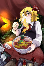 Rule 34 | 1girl, ascot, black eyes, blonde hair, blush, bowl, chopsticks, collared shirt, commentary request, cup, drink, drinking glass, eating, egg, fingernails, fisheye, food, food in mouth, food stand, hair between eyes, hair ribbon, hand up, highres, holding, holding bowl, holding chopsticks, inuyama konan, lantern, long sleeves, medium hair, noodles, one eye closed, outdoors, paper lantern, ribbon, rumia, shirt, solo, sweat, tissue box, touhou, vest, white shirt, wing collar, yatai