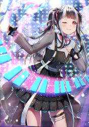 Rule 34 | 1girl, ;), absurdres, bang dream!, belt, black belt, black choker, black dress, black gloves, black hair, blunt bangs, blurry, blurry background, blush, choker, chromatic aberration, closed mouth, collarbone, cowboy shot, dress, fingerless gloves, gloves, grey sleeves, hair ribbon, hand on own chest, hands up, highres, instrument, keyboard (instrument), leaning forward, light particles, long hair, looking at viewer, mia (fai1510), multicolored hair, nyubara reona, one eye closed, pink ribbon, red eyes, ribbon, screen, see-through, see-through sleeves, sleeves past wrists, smile, solo, stage, standing, streaked hair, thigh strap, twintails, two-tone hair, white hair, zipper pull tab