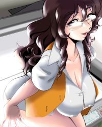 Rule 34 | 1girl, bad id, bad pixiv id, bottomless, breasts, brown eyes, brown hair, cleavage, covered erect nipples, fjt (fjym2), fjym2, large breasts, long hair, lowres, photocopier, photocopying self, solo