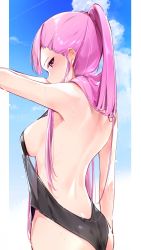 Rule 34 | 1girl, arm at side, arm up, ass, backless outfit, bare arms, bare back, bare shoulders, blue sky, blush, breasts, cloud, covered mouth, from side, hair over shoulder, highres, hololive, hololive english, long hair, looking at viewer, medium breasts, mori calliope, pink hair, ponytail, see-through, sideboob, sideways glance, sky, solo, virtual youtuber, wet, yuyaiyaui