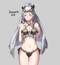 Rule 34 | 1girl, alternate costume, bikini, black bikini, blue eyes, breasts, character name, cleavage, closed mouth, conope, earrings, eir (fire emblem), fire emblem, fire emblem heroes, grey background, hair ornament, jewelry, large breasts, long hair, navel, nintendo, ponytail, silver hair, simple background, solo, swimsuit