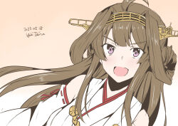 Rule 34 | 1girl, ahoge, artist name, brown hair, dated, double bun, gradient background, hair bun, hairband, headgear, japanese clothes, kantai collection, kongou (kancolle), long hair, one-hour drawing challenge, orange background, purple eyes, ribbon-trimmed sleeves, ribbon trim, smile, solo, taira yuuki, upper body, v-shaped eyebrows