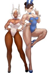 Rule 34 | 2girls, animal ears, bare shoulders, black footwear, blue bow, blue bowtie, blue footwear, blue leotard, boku no hero academia, bow, bowtie, breasts, brown eyes, brown hair, capcom, chun-li, cleavage, covered navel, dark-skinned female, dark skin, detached collar, double bun, earrings, fake animal ears, female focus, fishnet pantyhose, fishnets, full body, gold trim, grin, hair bun, hairband, hand on own hip, hands on own hips, high heels, highleg, highleg leotard, highres, jewelry, knee up, large breasts, legs, leotard, long eyelashes, looking at viewer, mirko, multiple girls, muscular, muscular female, one eye closed, pantyhose, parted bangs, playboy bunny, purple bow, purple bowtie, purple trim, rabbit ears, rabbit girl, red eyes, short hair, smile, standing, standing on one leg, strapless, strapless leotard, street fighter, thick thighs, thighs, toned, v, white background, white hair, white leotard, wrist cuffs, zukululuu