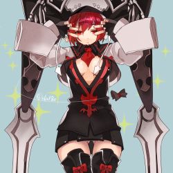 Rule 34 | bad id, bad twitter id, cleavage cutout, clothing cutout, expressionless, fingerless gloves, gloves, guilty gear, guilty gear 2, hat, hyakuhachi (over3), red eyes, red hair, solo, thigh gap, thighhighs, valentine (guilty gear)