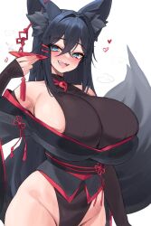 1girl :d animal_ears bare_shoulders black_kimono blush borrowed_character breasts commentary fox_ears groin hair_between_eyes heart highres holding huge_breasts japanese_clothes kimono kiri_(sub-res) kuavera looking_at_viewer open_mouth original simple_background smile solo