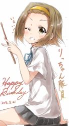 Rule 34 | 10s, 1girl, 2016, blouse, blue ribbon, brown eyes, brown hair, character name, commentary request, cursive, dated, drumsticks, eyebrows, from side, grin, hairband, happy birthday, headband, highres, k-on!, miniskirt, one eye closed, pentagon (railgun ky1206), pleated skirt, ribbon, school uniform, shirt, short hair, simple background, skirt, smile, solo, tainaka ritsu, teeth, text focus, translation request, white background, white shirt