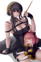 Rule 34 | 2girls, absurdres, anya (spy x family), bare shoulders, black gloves, black hair, breasts, chien zero, choker, cleavage, closed eyes, closed mouth, double bun, dress, drooling, fingerless gloves, gloves, hair bun, hair ornament, hairband, highres, holding, holding weapon, large breasts, looking at viewer, multiple girls, sidelocks, simple background, sitting, sitting on lap, sitting on person, smile, spy x family, weapon, white background, white legwear, yor briar