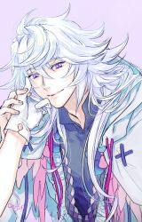 Rule 34 | 1boy, fate/grand order, fate (series), gloves, hand on another&#039;s face, looking at viewer, male focus, merlin (fate), messy hair, onigiri (hfyt2533), pov, pov hands, purple eyes, ribbon, robe, smile, solo focus, white gloves, white hair