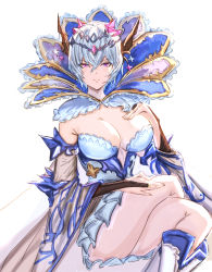 Rule 34 | 1girl, blue hair, breasts, crossed legs, detached sleeves, granblue fantasy, hand on own chest, highres, large breasts, light blue hair, looking at viewer, macula marius, mou pl, pink eyes, short hair, sketch, solo, wide sleeves