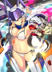 Rule 34 | 1girl, armpits, artoria pendragon (fate), bare shoulders, bikini, blue eyes, blue scarf, blush, breasts, cleavage, closed mouth, commentary request, fate/grand order, fate (series), glowing, hair between eyes, head tilt, highres, looking at viewer, mecha musume, medium breasts, murasame shia, mysterious heroine x (fate), mysterious heroine xx (fate), mysterious heroine xx (second ascension) (fate), navel, scarf, side-tie bikini bottom, signature, solo, swimsuit, thigh strap, white bikini