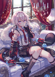 Rule 34 | 1girl, azur lane, bandage on knee, bare shoulders, biting, blue flower, blue rose, blush, chandelier, collared shirt, couch, curtains, flat chest, flower, glove biting, gloves, highres, indoors, jacket, lamp, long sleeves, looking at viewer, low ponytail, medium hair, necktie, on couch, petals, purple eyes, red necktie, rose, rose petals, shirt, shoes, shorts, sitting, socks, solo, suspender shorts, suspenders, suzaku (zaku6584), white gloves, white hair, white shirt, window, z1 leberecht maass (&quot;rebellious&quot; top student) (azur lane), z1 leberecht maass (azur lane)