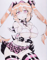 Rule 34 | 1girl, adapted costume, bare shoulders, belt, between breasts, blush, breasts, brown hair, cameltoe, cellphone, checkered clothes, checkered skirt, cleft of venus, clothes between breasts, clothes lift, covered erect nipples, crossed arms, curvy, detached sleeves, female focus, fingerless gloves, gloves, hat, heart, himekaidou hatate, large breasts, long hair, looking at viewer, micro panties, miniskirt, necktie, no bra, okiraku nikku, panties, phone, plaid, plaid skirt, pointy ears, purple eyes, revealing clothes, shikishi, skirt, skirt lift, smartphone, solo, striped clothes, striped thighhighs, thighhighs, tokin hat, touhou, traditional media, twintails, underwear, upskirt, white panties
