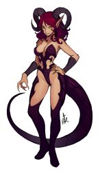 Rule 34 | 1girl, absurdres, bracer, breasts, colored sclera, commission, curled horns, distr, fingernails, full body, highres, horns, leotard, looking at viewer, medium breasts, medium hair, original, pointy ears, purple leotard, purple thighhighs, red hair, revealing clothes, sharp fingernails, signature, simple background, smile, solo, tail, thighhighs, white background, yellow eyes, yellow sclera