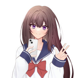 1girl apple_inc. bow bowtie brown_hair cellphone highres holding holding_phone long_hair long_sleeves mole mole_under_eye nanzii_shengtu_a original phone purple_eyes school_uniform serafuku simple_background sleeves_past_wrists smartphone smile upper_body w white_background