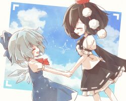 Rule 34 | 2girls, black bow, black bowtie, black ribbon, black skirt, black wings, blue bow, blue dress, blue hair, blue sky, bow, bowtie, breasts, brown hair, cirno, closed eyes, cloud, cloudy sky, cowboy shot, detached wings, dress, dutch angle, facing another, feet out of frame, fittoti ne, frilled skirt, frills, hair bow, happy, hat, holding hands, ice, ice wings, medium breasts, medium hair, multiple girls, open mouth, pinafore dress, pom pom (clothes), puffy short sleeves, puffy sleeves, red bow, red bowtie, red headwear, ribbon, ribbon-trimmed skirt, ribbon trim, shameimaru aya, shirt, short hair, short sleeves, skirt, sky, sleeve ribbon, sleeveless, sleeveless dress, small breasts, smile, tokin hat, touhou, viewfinder, white ribbon, white shirt, wings