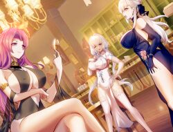 Rule 34 | 3girls, alternate costume, arm under breasts, azur lane, belfast (azur lane), belfast (the noble attendant) (azur lane), black dress, blue eyes, braid, breasts, broken, broken chain, center opening, chain, chandelier, china dress, chinese clothes, chinese commentary, cocktail dress, covered erect nipples, criss-cross halter, crossed legs, cup, cutout above navel, dress, duke of york (azur lane), dutch angle, elbow gloves, evening gown, feet out of frame, french braid, from side, gloves, gosama, halterneck, hand on own chest, highres, holding, holding cup, huge breasts, illustrious (azur lane), illustrious (maiden lily&#039;s radiance) (azur lane), large breasts, legs, light smile, long hair, looking at viewer, multiple girls, official alternate costume, one eye closed, open mouth, parted bangs, pelvic curtain, purple dress, purple eyes, purple gloves, purple hair, reflective floor, see-through, short sleeves, sitting, sleeveless, sleeveless dress, standing, thighhighs, tri tails, very long hair, white dress, white thighhighs